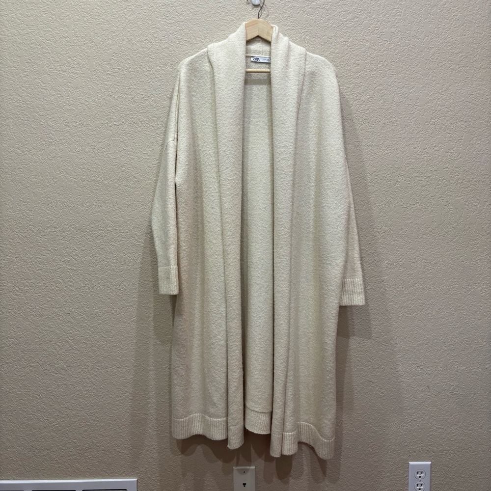 Zara Long Knit Cardigan / Duster in Cream Size Medium Wool Blend - Picture 2 of 6